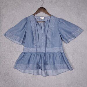 Kate Spade Top Women's 2XS Indigo Railroad Chambray Short Sleeve Blouse Peasant